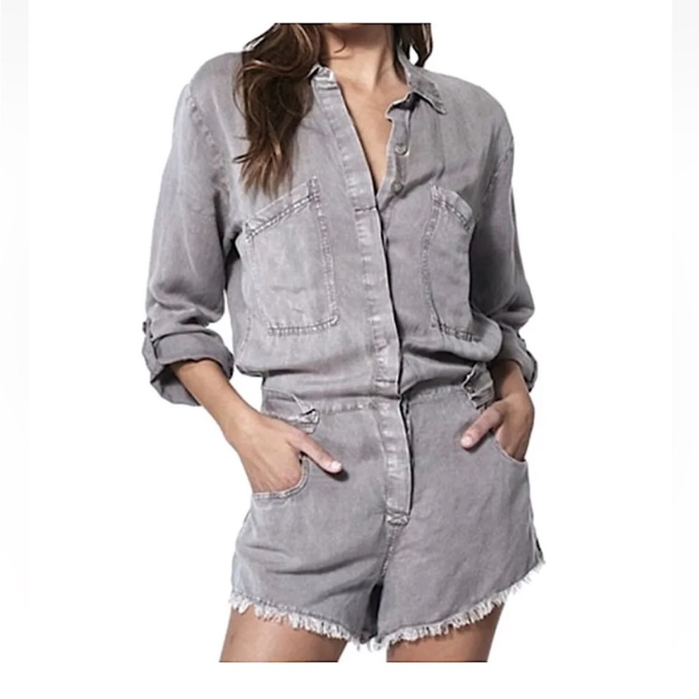 YOUNG FABULOUS & BROKE River Raw Edge Gray Linen Blend Romper Shorts Women M